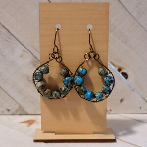 Handmade Jasper Copper Loop Earrings – Turquoise Blue Stone Wire Wrapped Jewelry